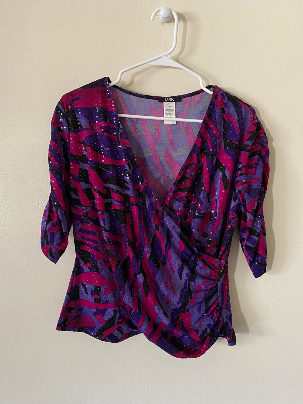 MSK Vintage retro Purple & Fuchsia sequins Patterned V-Neck Wrap Top puff sleeve